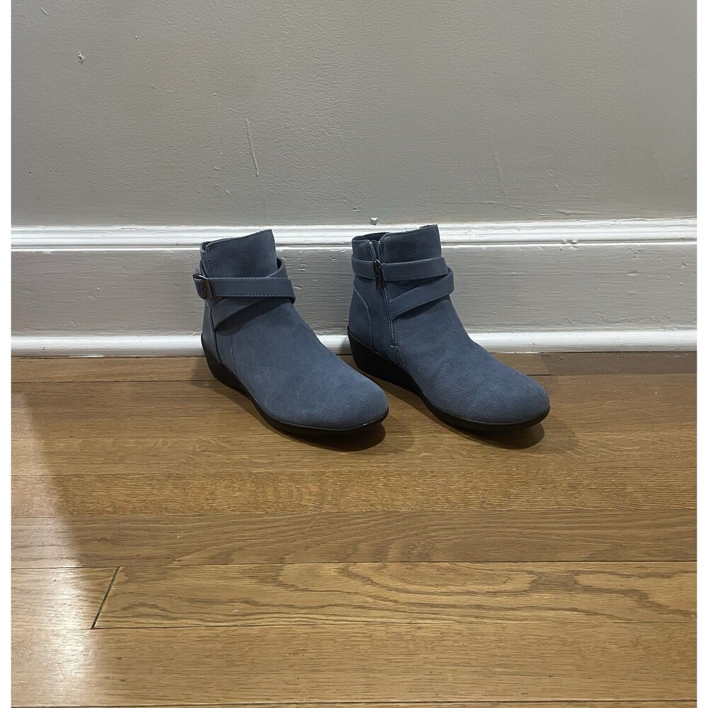 Skechers Slate Blue Frenchie Memory Foam Buckle Ankle Boots Sz 7